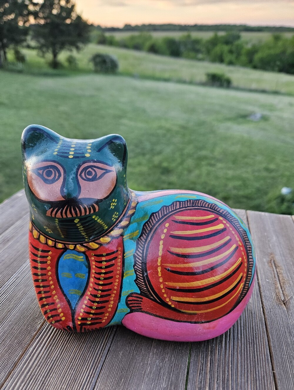 Vintage Mexican Talavera Pottery Cat Figurine Hand Painted Folk Art Clay Nogales
